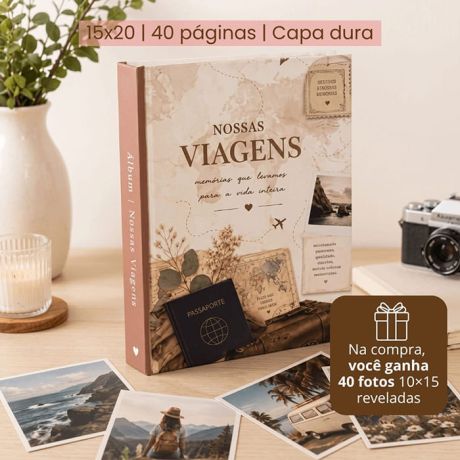ÁLBUM AUTOCOLANTE 15x20 + 40 FOTOS 10x15 REVELADAS - NOSSAS VIAGENS - MEMÓRIAS PARA VIDA INTEIRA 