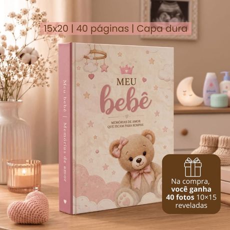 ÁLBUM AUTOCOLANTE 15x20 + 40 FOTOS 10x15 REVELADAS - MEU BEBÊ - ROSA 