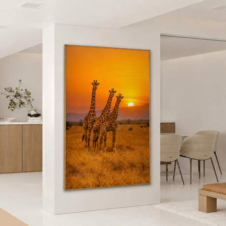 QUADRO VERTICAL - GIRAFAS AO PÔR DO SOL