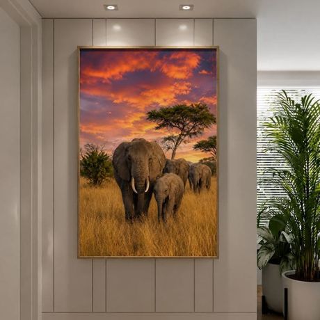 QUADRO VERTICAL - FAMÍLIA DE ELEFANTES AO PÔR DO SOL