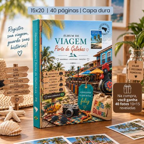 ÁLBUM AUTOCOLANTE 15x20 + 40 FOTOS 10x15 REVELADAS – VIAGEM A PORTO DAS GALINHAS