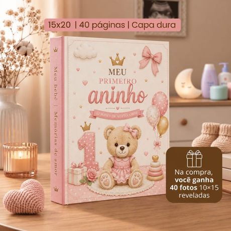 ÁLBUM AUTOCOLANTE 15x20 + 40 FOTOS 10x15 REVELADAS – MEU PRIMEIRO ANINHO ROSA
