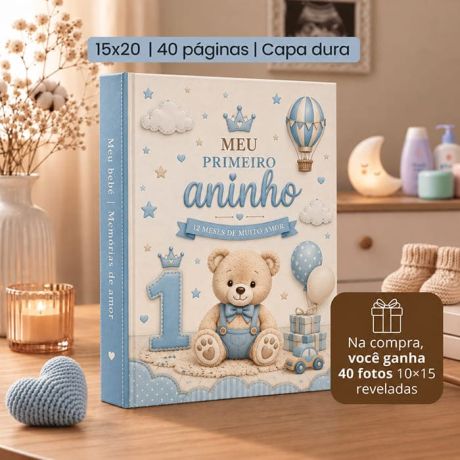 ÁLBUM AUTOCOLANTE 15x20 + 40 FOTOS 10x15 REVELADAS – MEU PRIMEIRO ANINHO AZUL