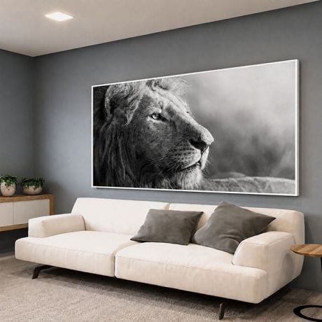 QUADRO HORIZONTAL - LEÃO EM PRETO E BRANCO